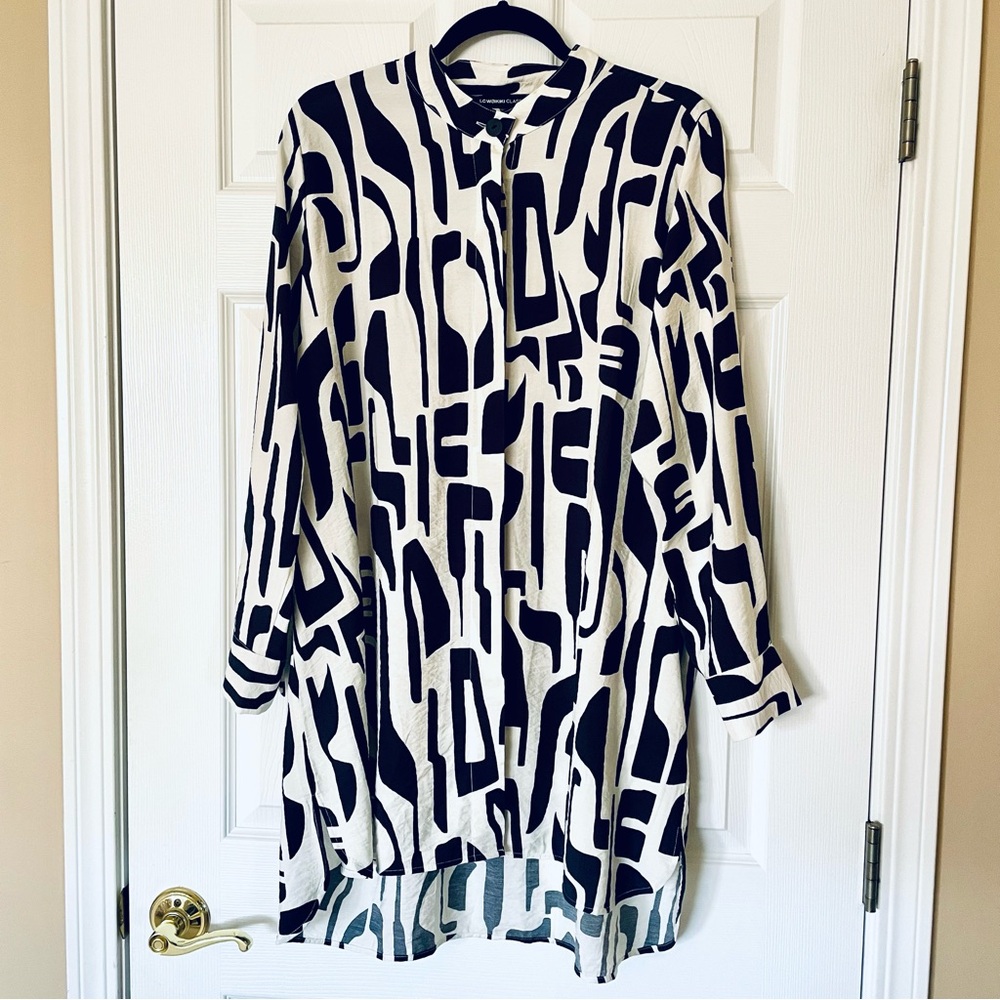 LC Waikiki Black & White Abstract Print Tunic Mandarin Collar High-Low